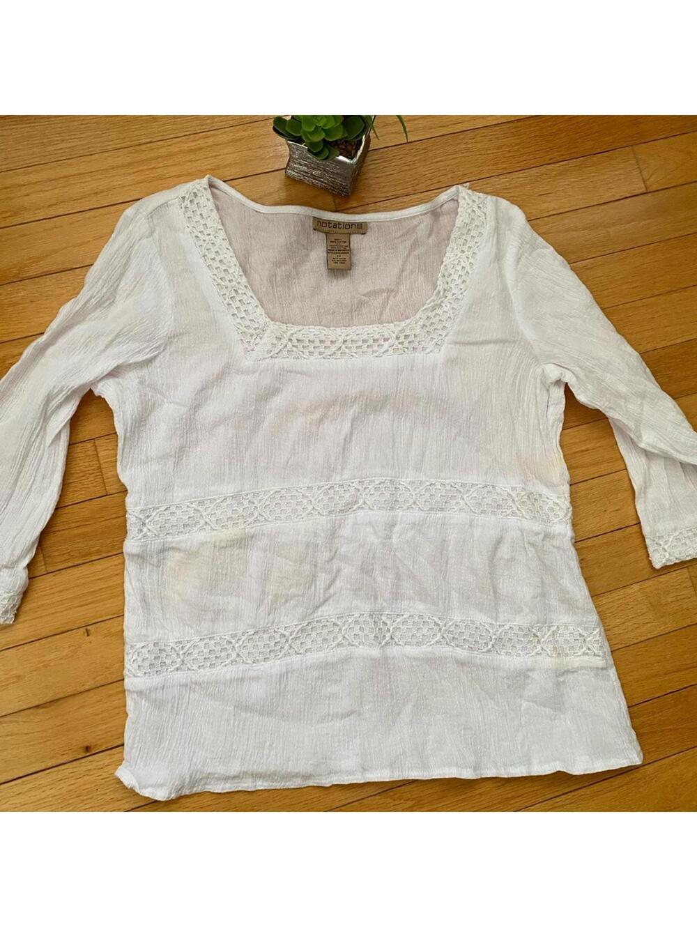 Notation White Long Sleeve Crochet Detail Women's Top Medium
